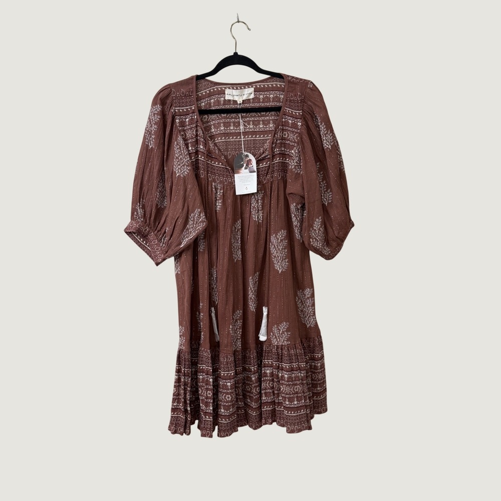 Daughters of India Mini Babydoll Dress Fall Brown Sz M Boho Cottagecore Peasant